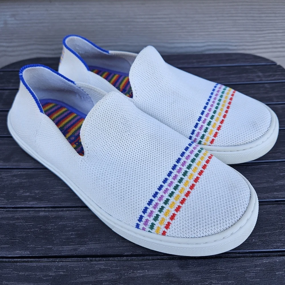 Rothys The Kid Rainbow White Sneaker Slip On Shoes Youth Girls Size 4